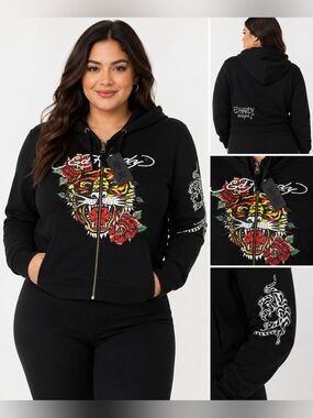 NWT Ed Hardy Tiger Rose Graphic Cropped Zip Hoodie Black XL Y2K Streetwear